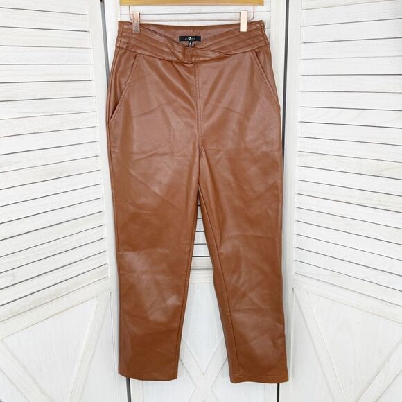 7 For All Mankind Crossover Waist Faux Leather Crop Pants Chestnut Brown Medium - Picture 1 of 11